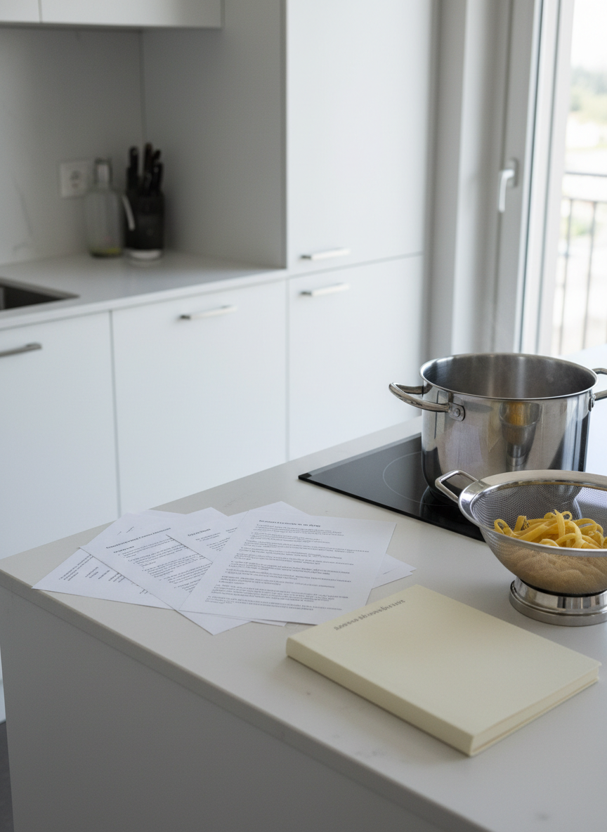 Una cocina italiana contemporánea, de líneas limpias, con muebles blancos mate y tiradores metálicos cepillados. Sobre la isla central, una pila ordenada de papeles: recetas impresas en italiano, lista de compras en español y un cuaderno con portada sencilla color crema. A un lado, una olla de acero inoxidable reluciente con agua hirviendo y pasta seca a punto de ser sumergida en un colador de metal brillante. La luz es fría y clara, proveniente de grandes ventanales, creando reflejos sutiles en el acero y sombras suaves en los papeles. Fotografía hiperrealista, plano medio ligeramente elevado, composición equilibrada y pulcra que transmite organización, vida cotidiana y profesionalismo culinario.