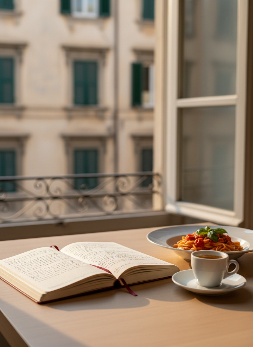 Un cuaderno de viaje de tapa dura color vino tinto, lleno de notas manuscritas en español e italiano, abierto sobre una mesa de madera clara impecablemente ordenada. Al lado, un plato de pasta al pomodoro perfectamente servido y una pequeña taza de espresso en porcelana blanca con acabado brillante. La escena se sitúa junto a una ventana de un apartamento italiano, con edificios antiguos y persianas verdes ligeramente desenfocados al fondo. La luz es de tarde dorada, entrando de costado y creando reflejos cálidos sobre la porcelana y suaves sombras en el cuaderno. Fotografía nítida, estilo realista y profesional, composición en regla de tercios con profundidad de campo reducida para un ambiente acogedor y reflexivo.