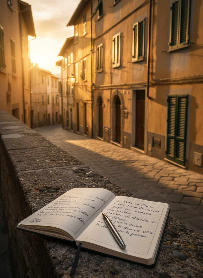 Una callejuela empedrada de un pueblo italiano al atardecer, completamente vacía, con fachadas color ocre y persianas verdes cerradas. En primer plano, sobre un pequeño muro de piedra, reposa una libreta de notas abierta con apuntes en español sobre la vida en Italia, junto a un bolígrafo metálico elegante. La luz dorada del atardecer entra lateralmente, creando largos contrastes y resaltando las texturas de la piedra y el papel. Fotografía en estilo realista, ángulo ligeramente bajo que alarga la calle hacia el fondo, con profundidad de campo moderada para mantener legibles los apuntes mientras las casas se difuminan suavemente. El ambiente es nostálgico, contemplativo y profesionalmente cuidado.