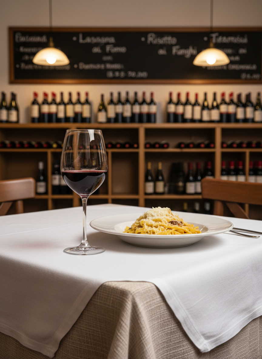 Una mesa rústica de trattoria italiana, con mantel blanco perfectamente planchado y una sola esquina levantada para mostrar la textura del lino. Encima, un plato de pasta carbonara presentado con precisión, queso rallado finamente espolvoreado y una copa de vino tinto de cristal delgado con reflejos profundos. Al fondo, estanterías de madera con botellas de vino alineadas y pizarras con nombres de platos escritos en italiano, todos suavemente desenfocados. La iluminación es cálida, procedente de lámparas colgantes fuera de cuadro, creando reflejos acogedores sobre el vidrio y la cerámica. Fotografía realista, perspectiva a la altura de la mesa, composición usando regla de tercios para un ambiente sofisticado, íntimo y auténticamente italiano.