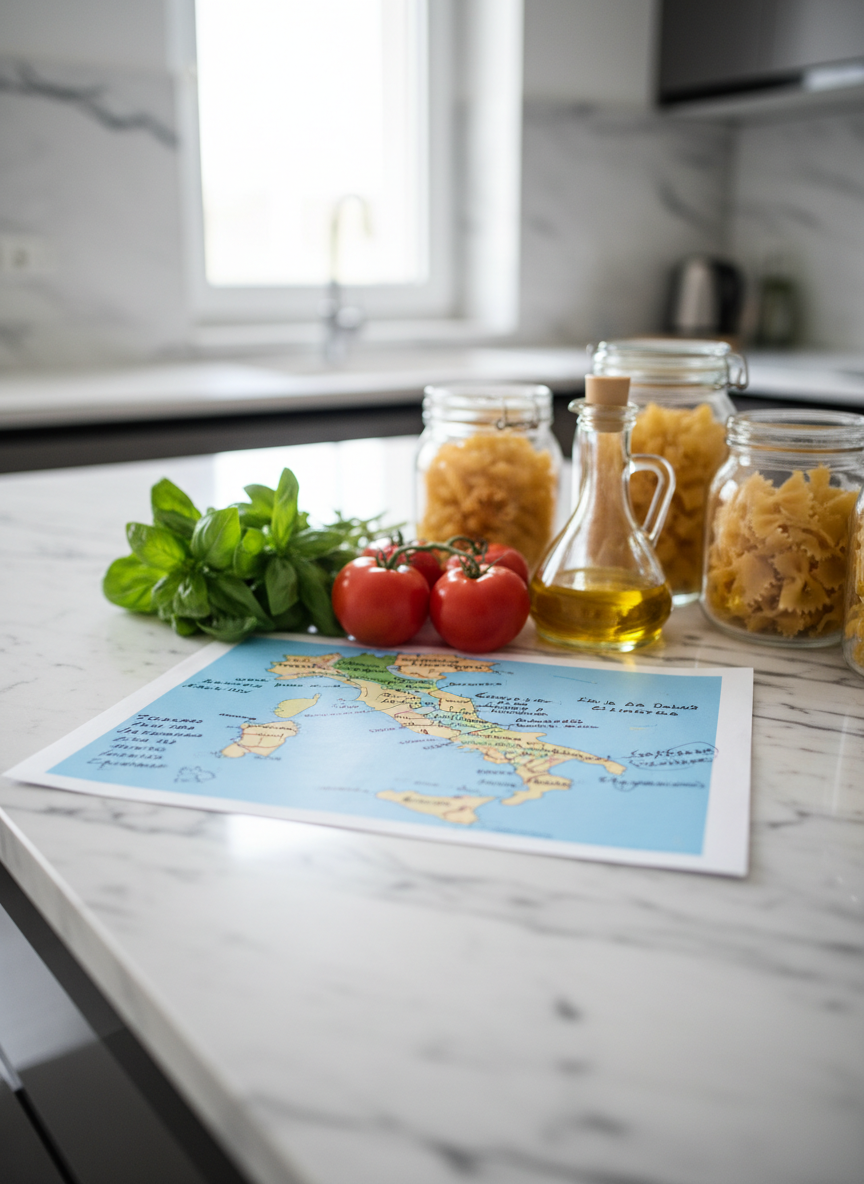 Una mesa de cocina italiana de mármol blanco con vetas grises, impecablemente limpia, sobre la que se ve una hoja de papel con un mapa impreso de Italia lleno de marcas de colores y notas en español. A su alrededor, ingredientes organizados: tomates maduros, albahaca fresca, aceite de oliva en una botella de vidrio elegante y pasta seca de diferentes formas en frascos transparentes. La luz natural entra desde una ventana alta, creando un brillo suave y profesional, con sombras delicadas que dan volumen a los objetos. Fotografía en perspectiva ligeramente elevada, enfoque nítido en el mapa y el borde de los ingredientes, fondo suavemente desenfocado para un ambiente ordenado, moderno y aspiracional.