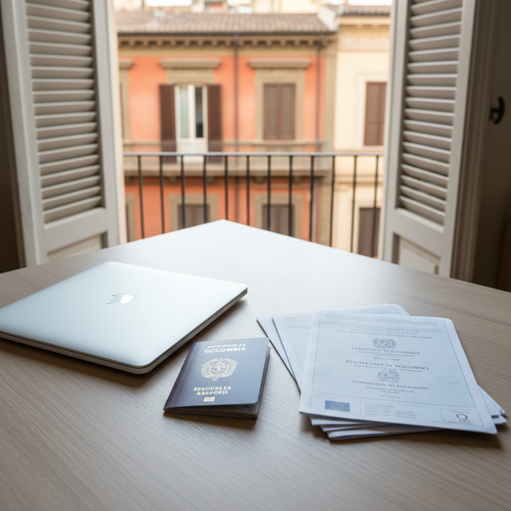 Un escritorio minimalista junto a un balcón italiano, con una laptop plateada cerrada, un pasaporte colombiano perfectamente visible y varios documentos de residencia italiana apilados con cuidado, todos en perfecto orden. El escritorio es de madera clara mate y detrás se adivina un paisaje urbano con fachadas color terracota y persianas antiguas, ligeramente fuera de foco. La luz es de mañana, suave y difusa, entrando desde el balcón y bañando los papeles con un brillo limpio y profesional. Fotografía realista a nivel de mesa, composición centrada con líneas diagonales del escritorio que guían la mirada, creando una atmósfera de transición, organización y nueva vida en el extranjero.